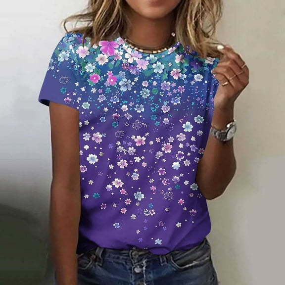 Gamivast Short Sleeve Tops for Women Summer Vintage Floral Graphic Tees Casual Crewneck Tshirts Spring Vacation Loose Fit Shirts M Camisas Para Mujer