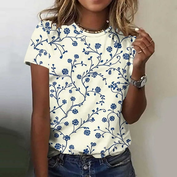 Gamivast Short Sleeve Tops for Women Summer Vintage Floral Graphic Tees Casual Crewneck Tshirts Spring Vacation Loose Fit Shirts XL Camisas Para Mujer