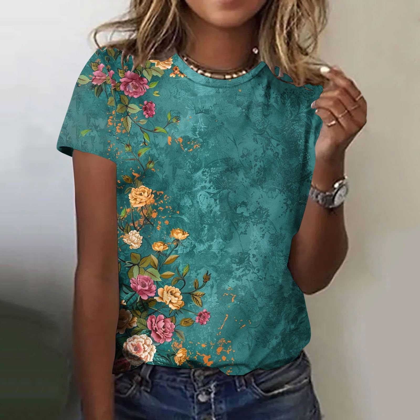 Women Summer Vintage Flower O-Neck 100%Cotton T-Shirt