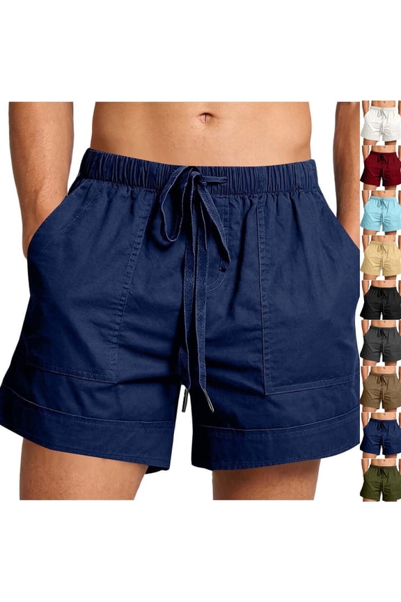 Shorts for Men Casual Relaxed Fit Patch Pockets Cotton Shorts Drawstring Elastic Waist Summer Shorts Lightweight Solid Beach Vacation Daily Wear