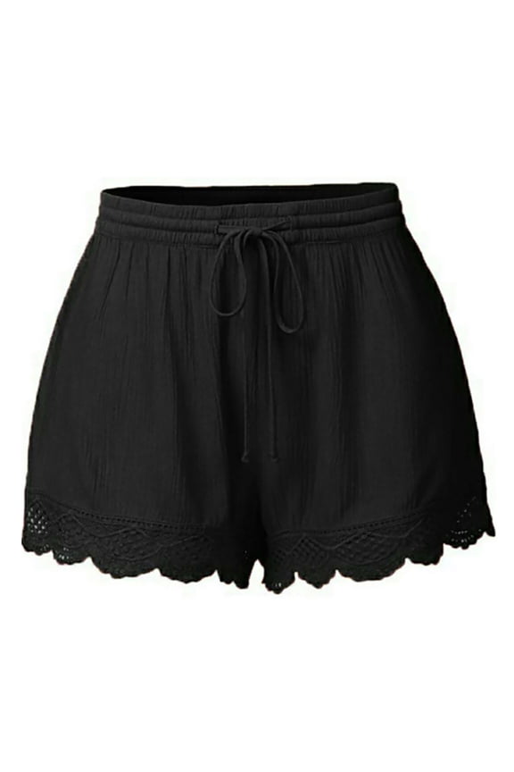 Shorts for Women Crochet Trim High Waisted Loose Flowy Shorts Drawstring Casual Elastic Wasit Ruffle Shorts Lightweight Summer Beach Wear
