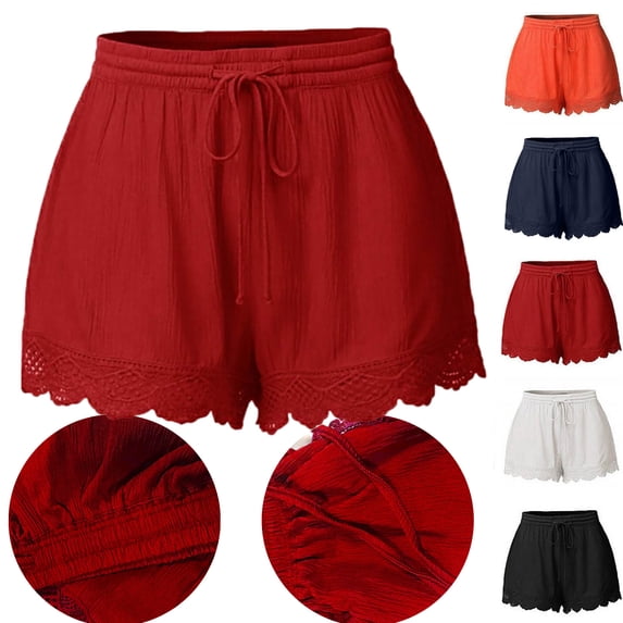 Gamivast Shorts for Women Crochet Trim High Waisted Loose Flowy Shorts Drawstring Casual Elastic Wasit Ruffle Shorts Lightweight Summer Beach Wear