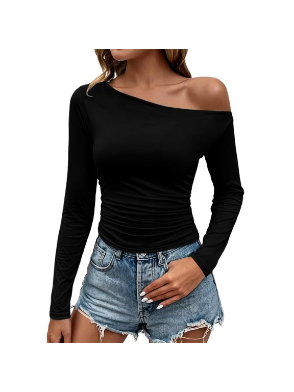 Off The Shoulder Tops for Women Long Sleeve Ruched Slim Fit Shirts Casual Asymmetrical Neckline Blouse Flattering Fashion Tee for Going Out Everyday Wear Black XL