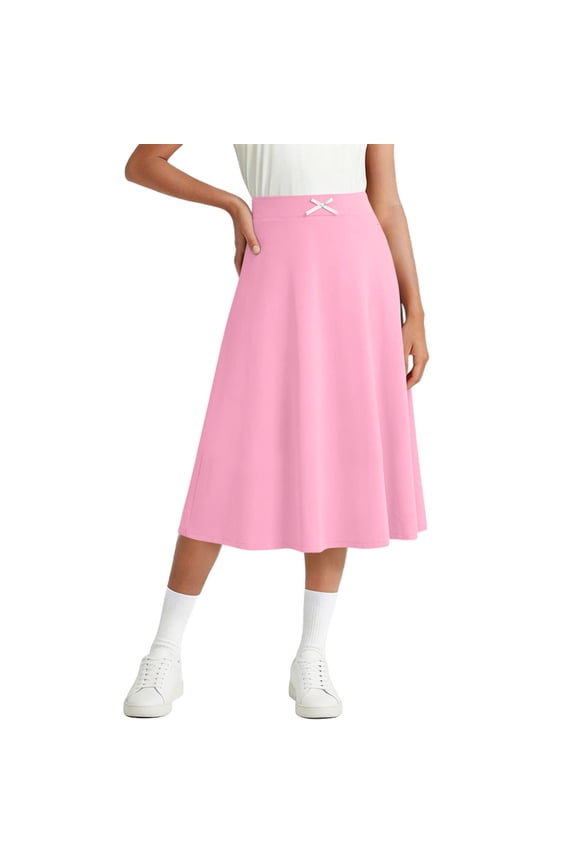 Skirts for Girls High Waisted A-Line Midi Skirt Bow Detail Pull on Casual Skirt Modest Skirt Soft Flowy for Daily Wear Travel Weekend Summer Style Pink 11-12Years