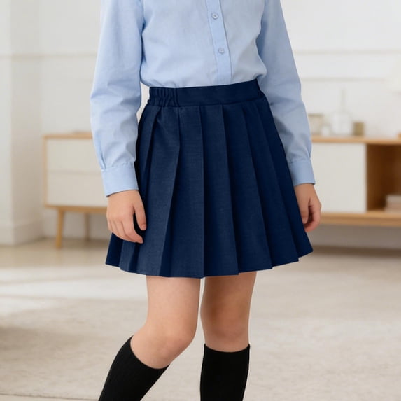 Gamivast Skirts for Girls High Waisted Pleated Mini Skirt Elastic Waist Preppy Skirt Casual Skirt Back to School Uniform Skater Skirt Graduation Dress up Schoolwear Navy 4-5Years