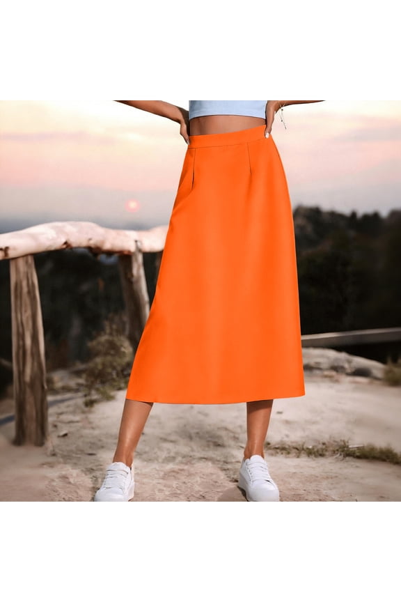 Skirts for Women High Waisted A-Line Midi Skirt with Pockets Casual Skirt Work Office Skirt Flowy Pull on Modest Business Commuter Daily Wear Orange S