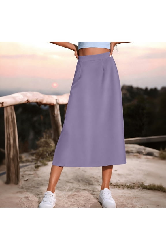 Skirts for Women High Waisted A-Line Midi Skirt with Pockets Casual Skirt Work Office Skirt Flowy Pull on Modest Business Commuter Daily Wear Purple M