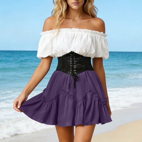 Gamivast Skirts for Women High Waisted Elastic Waist A-Line Boho Skirt Flowy Chiffon Ruffle Tiered Solid Mini Skirt Casual Vacation Summer Holiday Resort Purple L