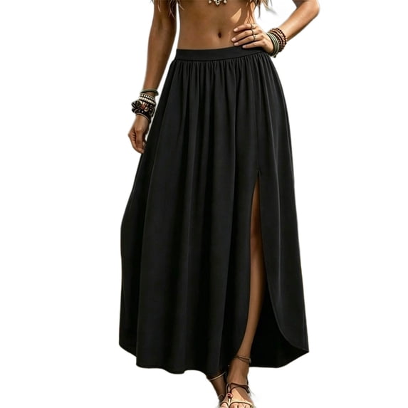 Gamivast Skirts for Women High Waisted Maxi Skirt High Slit Long Skirt Flowy Skirt Casual Skirt for Beach Vacation Resort Travel Going Out Outfit Summer Black M