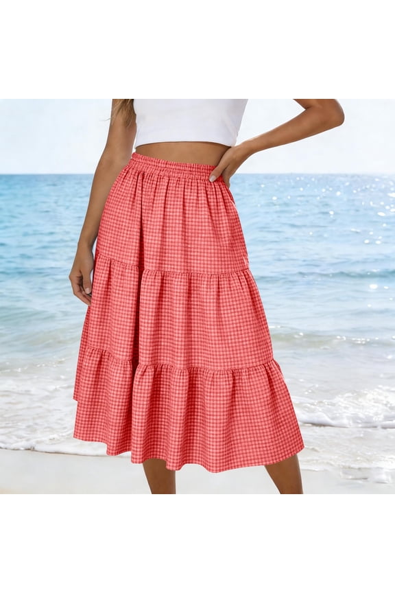 Skirts for Women High Waisted Tiered Midi Skirt Elastic Waist Plaid Skirt Flowy Modest Skirt Pull on Boho Style Vacation Resort Summer Daily Wear Red XXL