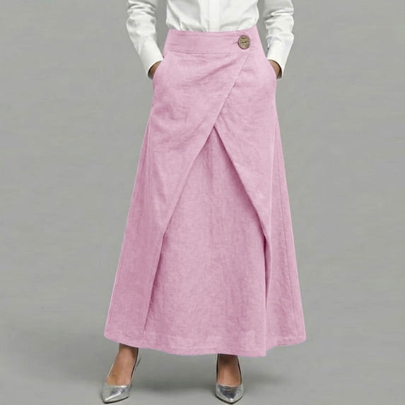 Gamivast Skirts for Women Linen High Waisted Wrap Maxi Skirt Asymmetrical Long Skirt Elegant Skirt Work Office Skirt with Pockets for Business Casual Events Pink L