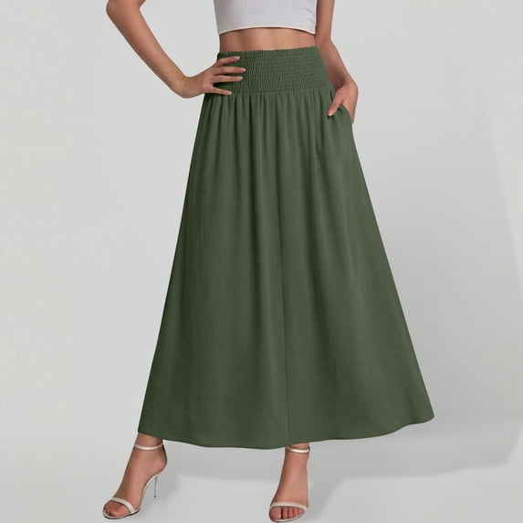 Gamivast Skirts for Women Smocked High Waisted Maxi Skirt Flowy Skirt Casual Skirt with Pockets A-Line Long Skirt for Vacation Daily Travel Weekend Wear Green XL