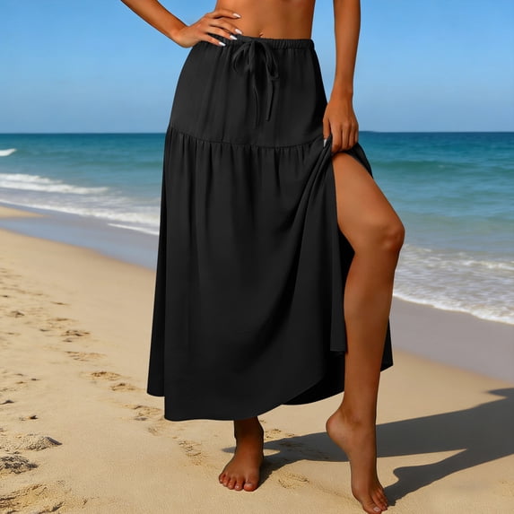 Gamivast Skirts for Women Elastic Waist Tie Front Tiered Maxi Skirt Flowy A Line Beach Skirt Vacation Skirt Summer Long Skirt Resort Wear Black S