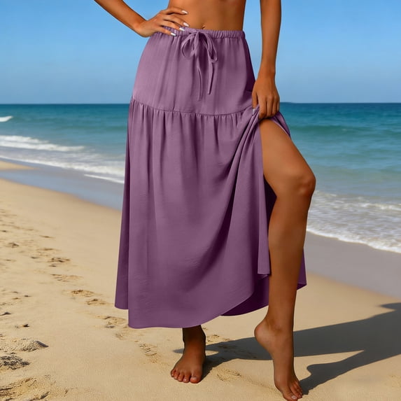 Gamivast Skirts for Women Elastic Waist Tie Front Tiered Maxi Skirt Flowy A Line Beach Skirt Vacation Skirt Summer Long Skirt Resort Wear Purple M