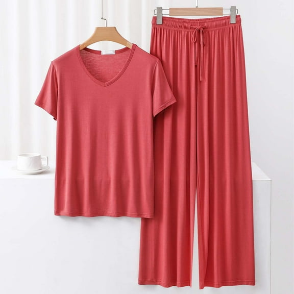 Gamivast Sleepwear for Women Womens Pajamas Set Soft Comfy Shirts V Neck Short Sleeve Sleep Tops with Pants Long Drawstring Elastic Waist Loungewear Pant 2 Piece Pj Sets