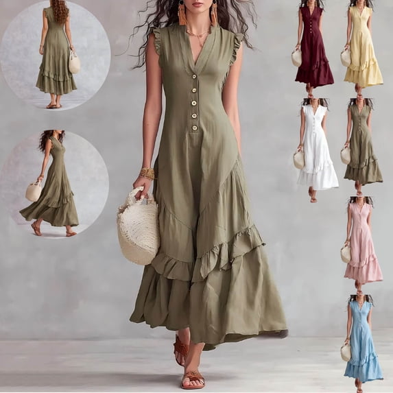 Gamivast Sleeveless Maxi Dresses for Women Ruffle Trim Flowy A-Line Tiered Sundress Front Button V Neck White Summer Dress Beach Vacation Wedding Guest Dress