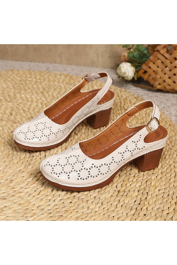 Slingback Pumps for Women Perforated Closed Toe Block Heel Shoes Dressy Office Work Walking Daily Comfortable Footwear White 38