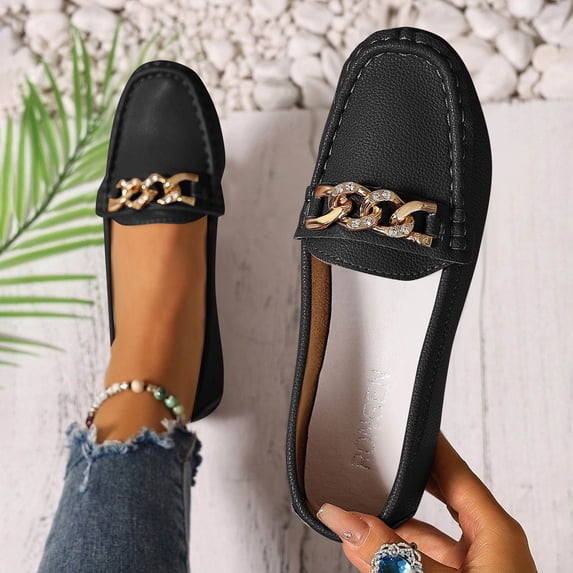 Gamivast Slip on Shoes Women Chain Decor Slip on Shoes Moc Toe Loafer Shoes Office Work Travel Walking Nursing Daily Casual Comfortable Footwear Black 42
