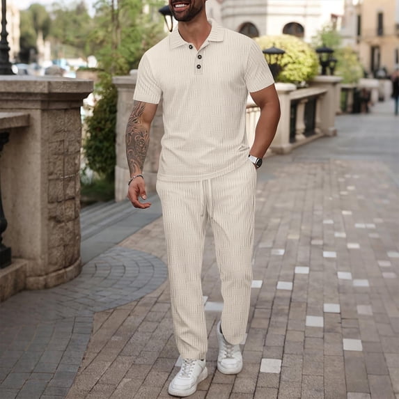Gamivast Smart Casual Mens Set Short Sleeve Shirt and Drawstring Pants Textured Knit Outfit for Golf Summer Daily Business Work Lounge Sporty Wear