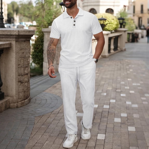 Gamivast Smart Casual Mens Set Short Sleeve Shirt and Drawstring Pants Textured Knit Outfit for Golf Summer Daily Business Work Lounge Sporty Wear