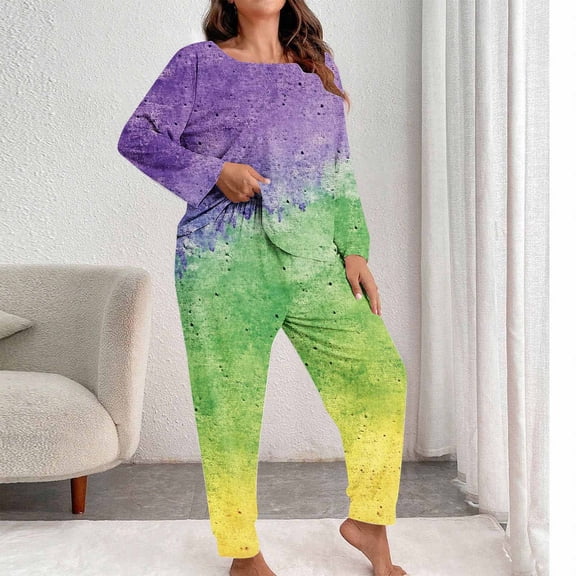 Gamivast Soft Womens Pajama Sets Plus Size Long Sleeve Glitter Color Block 2 Piece Pj Set Trendy Casual Long Pants Crew Neck Sleepwear Holiday Outfits