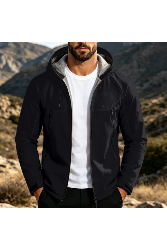 Softshell Hooded Jacket for Men Fleece Lined Full Zip Windbreaker with Zipper Pockets Adjustable Cuffs Lightweight Outdoor Coat for Hiking Travel Work and Cold Weather Activities XL