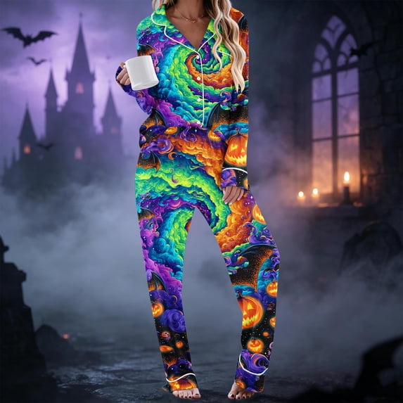 Gamivast Spooky Halloween Pajamas Set for Women Long Sleeve Button Down Sleepwear Tops and Lounge Pants 2 Piece Pjs Sets Lightweight Comfortable Creepy Pumpkin Pattern Multicolor XXXL