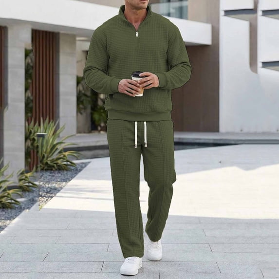 Gamivast Sporty Mens Tracksuit Quilted Texture Quarter Zip Pullover and Jogger Pants Warm Athletic Sweatsuit for Gym Running Outdoor Training Day