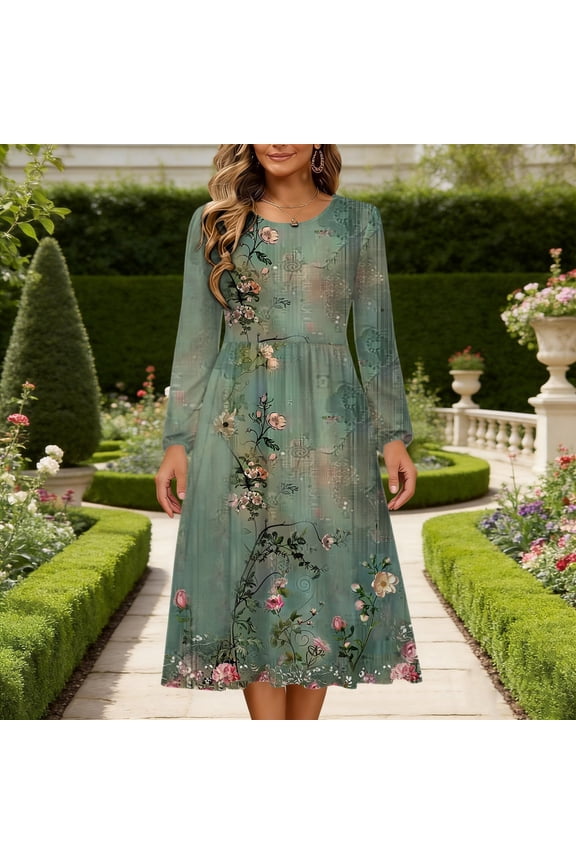 Spring Dresses for Women A Line Crew Neck Midi Dress Long Sleeve Casual Dress Vintage Green Floral Graphic for Daily Office Work Wear