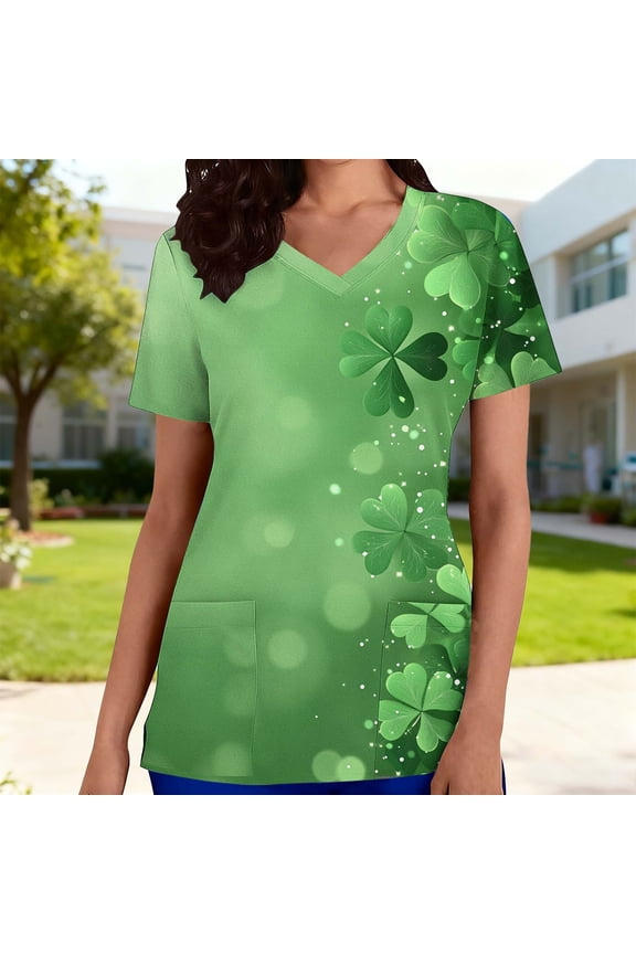 St Patricks Day Scrubs for Women Plus Size Shamrocks Printed V Neck Short Sleeve Scrub with Pockets Loose Fitted Tunic T Shirts St Patricks Outfits