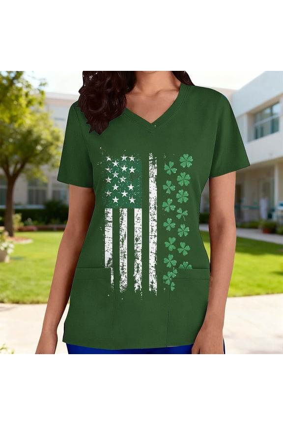 St Patricks Day Scrubs for Women Plus Size Shamrocks Printed V Neck Short Sleeve Scrub with Pockets Loose Fitted Tunic T Shirts St Patricks Outfits