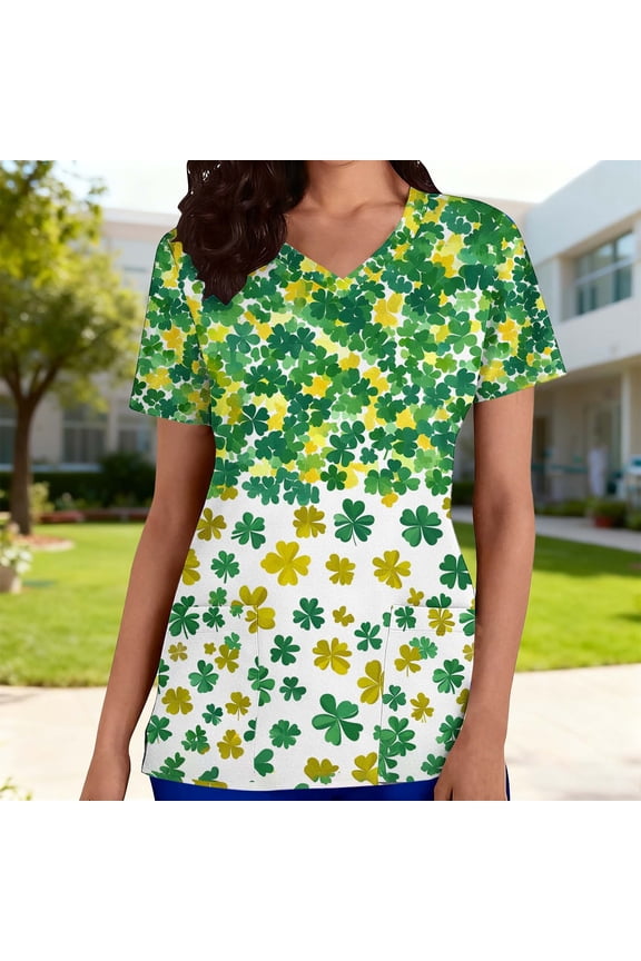 St Patricks Day Scrubs for Women Plus Size Shamrocks Printed V Neck Short Sleeve Scrub with Pockets Loose Fitted Tunic T Shirts St Patricks Outfits