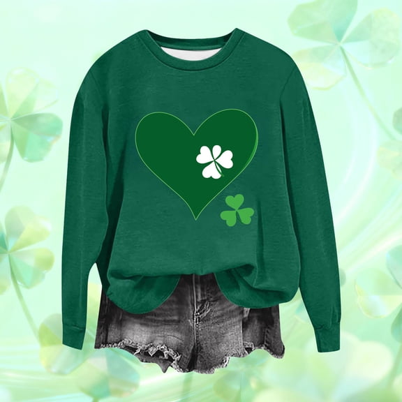 Gamivast St Patricks Day Sweatshirt Women Cute Green Heart Long Sleeve Drop Shoulder Holiday Shirts Loose Round Neck Tunic Going out Tops Fashion Outfits