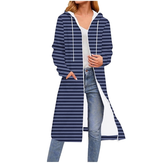 Gamivast Striped Fleece Lined Jackets for Women Hooded Zip up Long Coats Trendy Long Sleeve Drawstring Warm Outerwear with Pockets Fall Cold Winter Clothes