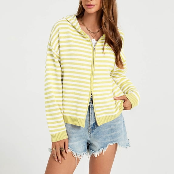 Gamivast Striped Hoodies for Women Zip up Knit Cardigan Sweaters Long Sleeve Casual Drop Shoulder Fall Outerwear Lightweight Comfy Jackets Yellow XL