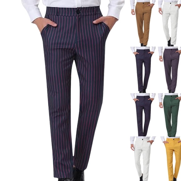 Gamivast Striped Pants for Men Button Elastic Waist Trousers Slim Fitted Stretch Straight Leg Pants with Pockets Fall Trendy Business Casual Outfits Pants