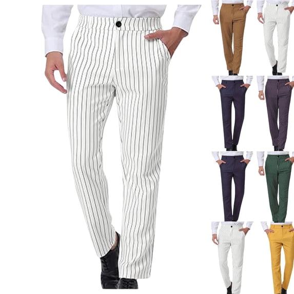 Gamivast Striped Pants for Men Button Elastic Waist Trousers Slim Fitted Stretch Straight Leg Pants with Pockets Fall Trendy Business Casual Outfits Pants