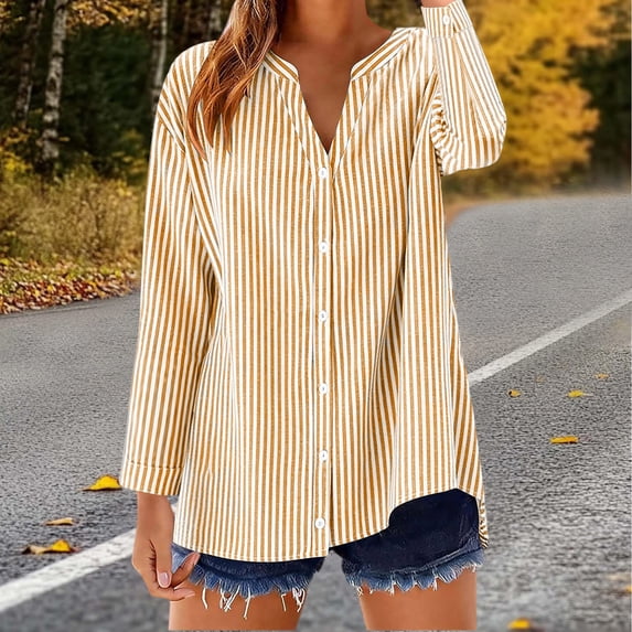Gamivast Striped Shirts for Women Button Down V Neck Long Sleeve Casual Loose Tunic Tops for Leggings Comfort Fit Fall Fashion Blouses Work Office Everyday Wear