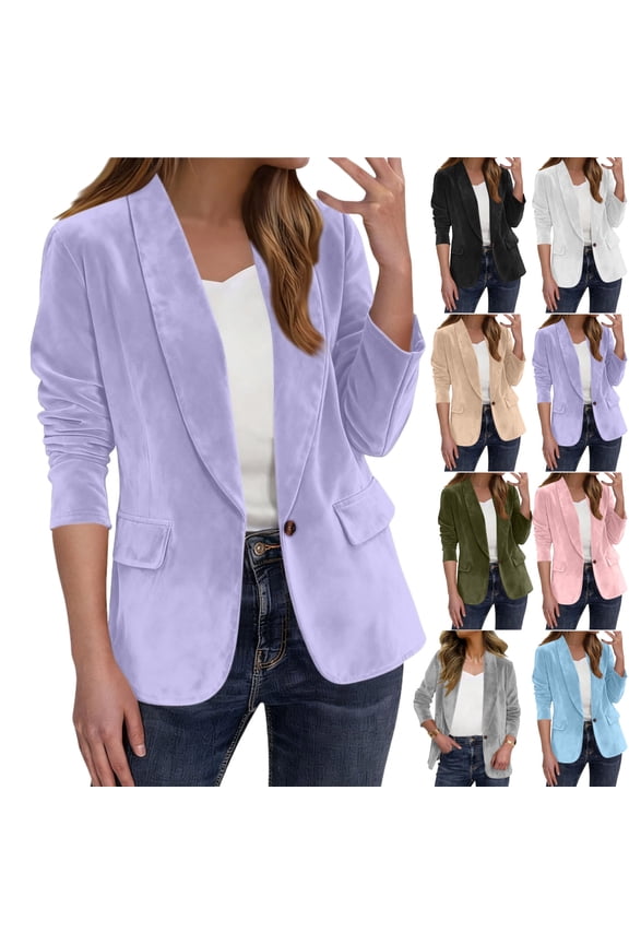 Suede Blazer Women Lightweight Lapel Collar Ruched Sleeve Open Front Work Office Jacket Blazers Loose Casual Long Sleeve Business Suit Jackets Fall Fashion Thick Outerwear