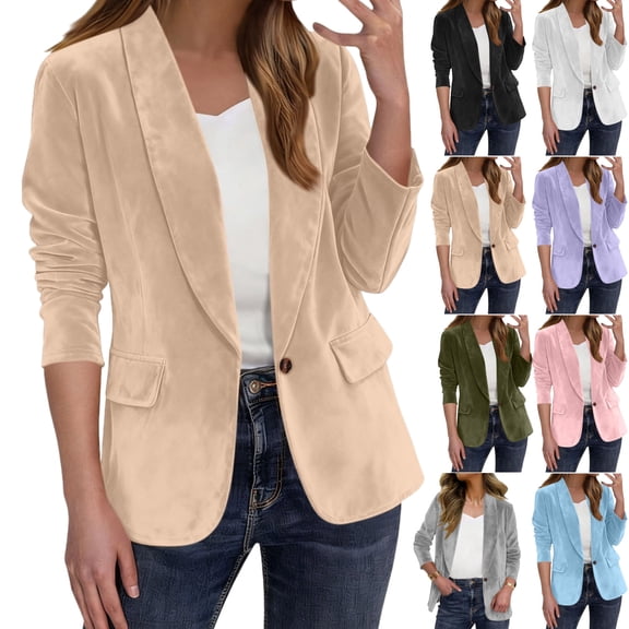 Gamivast Suede Blazer Women Lightweight Lapel Collar Ruched Sleeve Open Front Work Office Jacket Blazers Loose Casual Long Sleeve Business Suit Jackets Fall Fashion Thick Outerwear