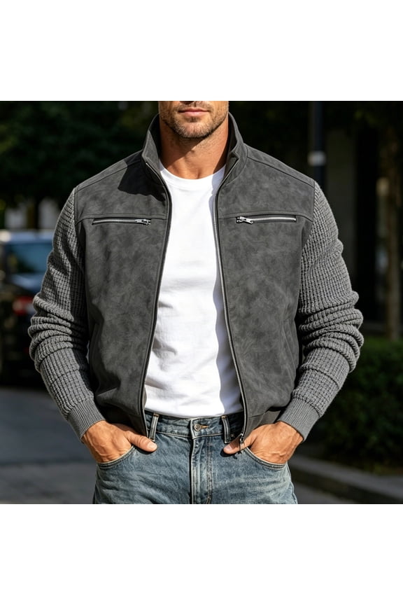 Suede Jacket for Men Ribbed Knit Sleeves Zip up Patchwork Coat Casual Fall Winter Lightweight Outerwear Vintage Fashion Sweater Jacket for Everyday Gray XL