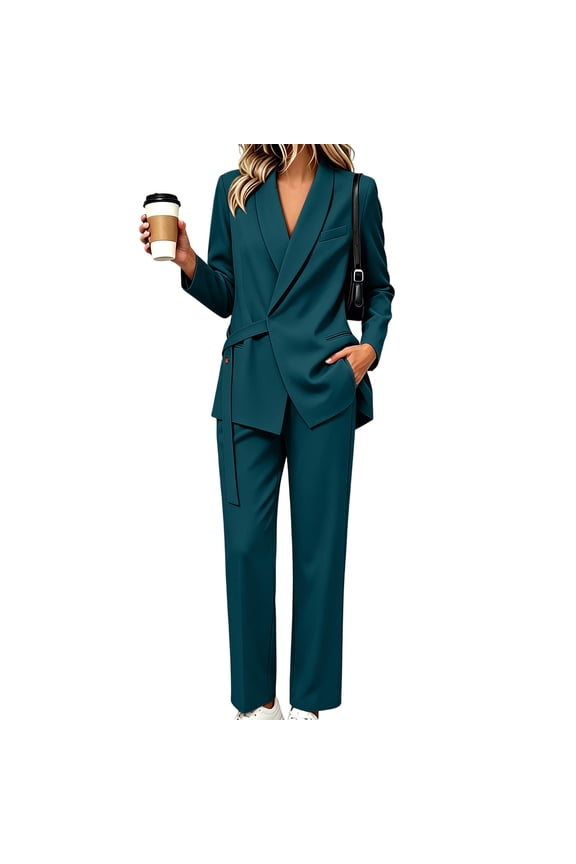 Suit Set for Women High Waist Straight Leg Tailored Trousers with Pockets Lightweight Stretch Blazer Business Office Work Outfits Green L