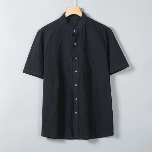 Gamivast Summer Button Down Shirt Men Lightweight Shirts Short Sleeve Band Collar Untucked Shirt Beach Summer Vacation Holiday Tops Black XL or Previous