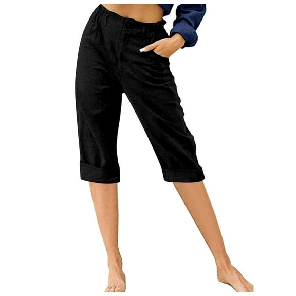 Gamivast Summer Capris for Women Stretch Cotton Linen Pants Knee Length High Waisted Pants Pockets Business Dressy Casual Pants Black XXXL Pantalones Capri Para Mujer