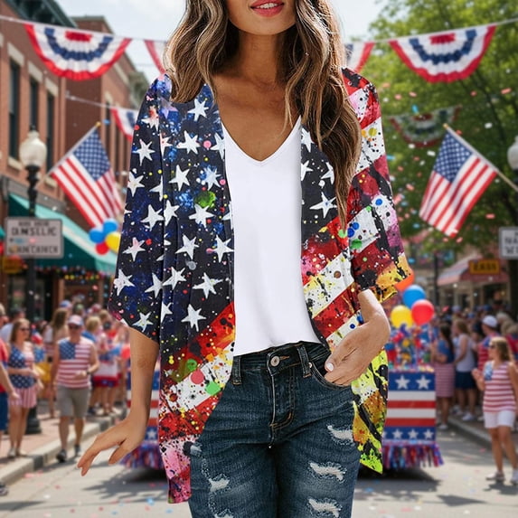 Gamivast Summer Cardigans for Women Patriotic Star Stripe Print Open Front Loose Flowy Fit Cover Ups Lightweight Breathable Chiffon 3/4 Sleeve Kimono Beach Vacation outfits