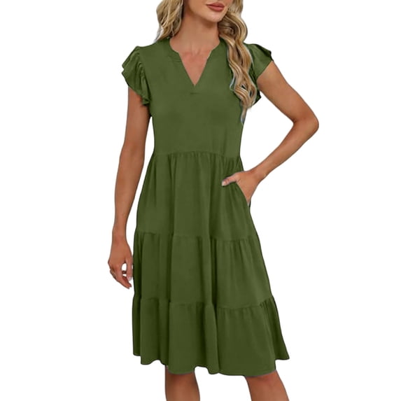 Gamivast Summer Dress for Women Flutter Sleeve Midi Dress V-Neck Tiered Dress With Pockets Empire Waist Casual Daily Beach Vacation Wear