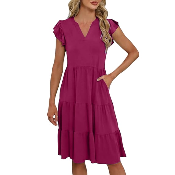 Gamivast Summer Dress for Women Flutter Sleeve Midi Dress V-Neck Tiered Dress With Pockets Empire Waist Casual Daily Beach Vacation Wear