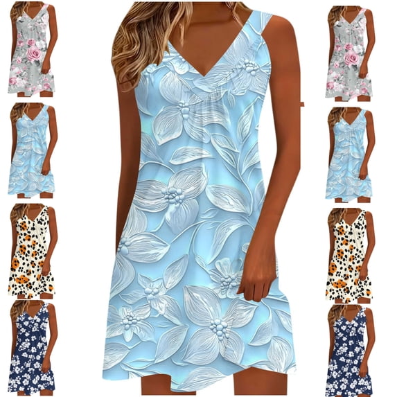 Gamivast Summer Dresses for Women 3D Floral Print V-Neck Sleeveless Sundress Casual Summer Style A-Line Mini Dress Boho Beach Outfits Party Tank Dress