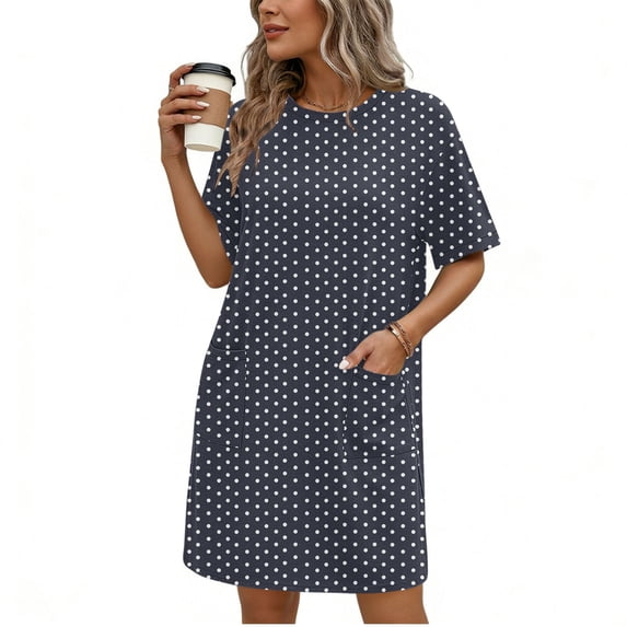 Gamivast Summer Dresses for Women Short Sleeve Round Neck Polka Dot Shift Dress Loose Fit Pockets Tunic Dress Casual Daily Holiday Beach Trip