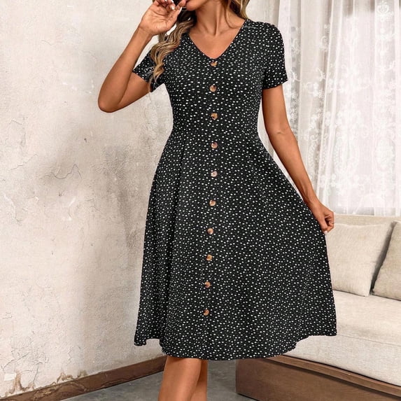 Gamivast Summer Dresses for Women Short Sleeve V-Neck Polka Dot A Line Dress Button Down Midi Dress High Waist Flowy Casual Beach Vacation Daily Wear
